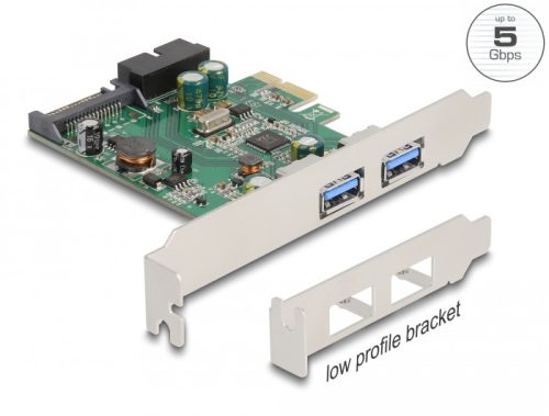 Delock PCI Express x1 Kártya - 2 x külső USB 3.2 Gen 1 A-típusú USB csatlakozó + 1 x belső 19 tűs USB tű fejes apa - ala