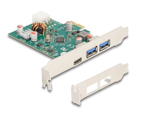 Delock PCI Express x1 kártya - 1 x külső USB Type-C  anya PD 30 W és 2 x külső A-típusú USB 5 Gbps anya