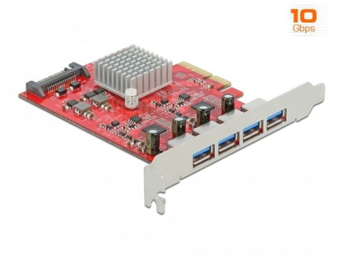 Delock PCI Express x4 Kártya - 4 x külső SuperSpeed USB 10 Gbps (USB 3.2 Gen 2) USB A-típusú hüvely