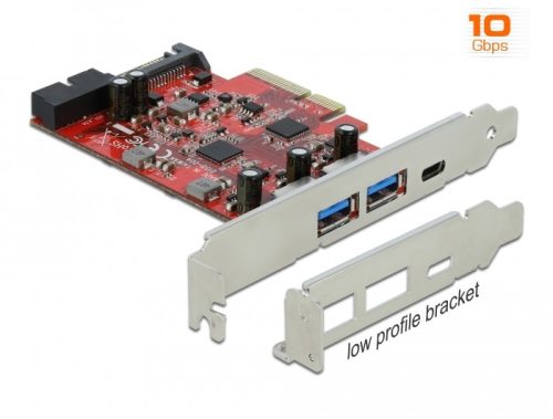 Delock PCI Express x4 Kártya - 1 x külső USB Type-C  anya + 2 x külső A-típusú USB anya SuperSpeed U