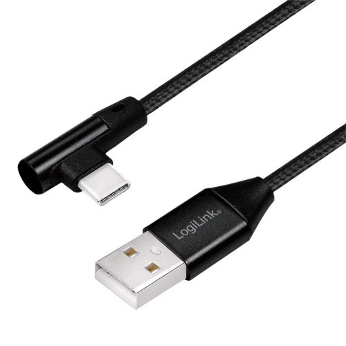 Logilink USB 2.0 Type-C kábel, C/M (90 )   USB-A/M, szövet, fekete, 0,3 m