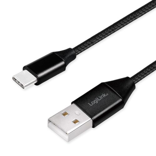 Logilink USB 2.0 C-típusú kábel, C/M-USB-A/M, szövet, fekete, 1 m