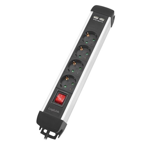 Logilink Aljzat 4-es kapcsolóval, 4x CEE 7/3 + 2x USB-A, 1,5 m, fekete/ezüst