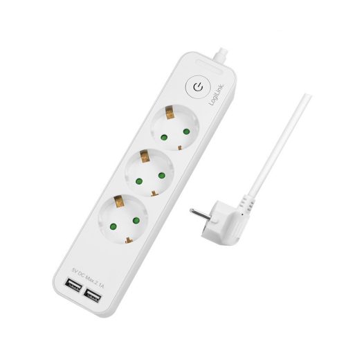 Logilink Aljzat 3-as + kapcsoló, 3x CEE 7/3 + 2x USB-A, 1,5 m, fehér