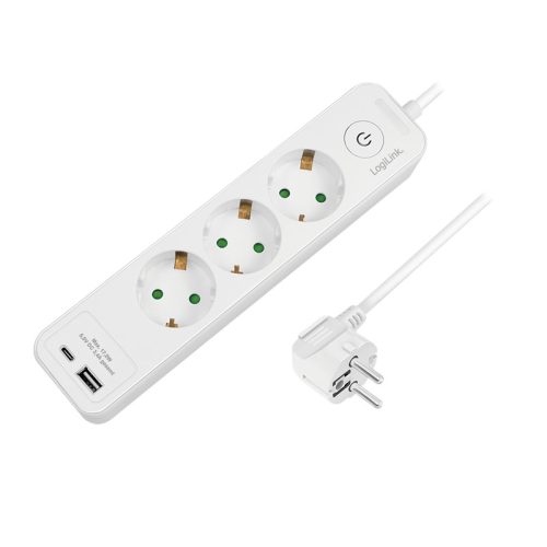 Logilink Aljzat 3 utas + kapcsoló, 3x CEE 7/3, 1x USB-A, 1x USB-C, 1,5 m, fehér