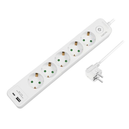 Logilink Aljzat 5-utas + kapcsoló, 5x CEE 7/3, 1x USB-A, 1x USB-C, 1,5 m, fehér