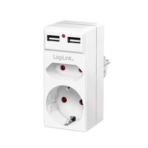 LogiLink Socket adapter, 1x CEE7/16 + 1x CEE7/3 + 2x USB-A