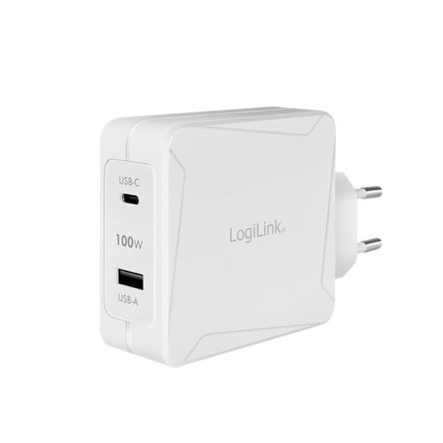 Logilink USB fali töltő, 2 port, USB-AF és USB-CF, 100 W, PD-vel, fehér