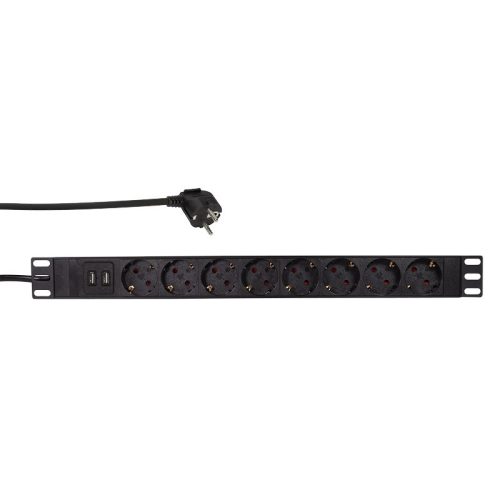 Logilink 19" PDU 8-as CEE 7/3 + 2x USB-A, túlterhelés elleni védelemmel