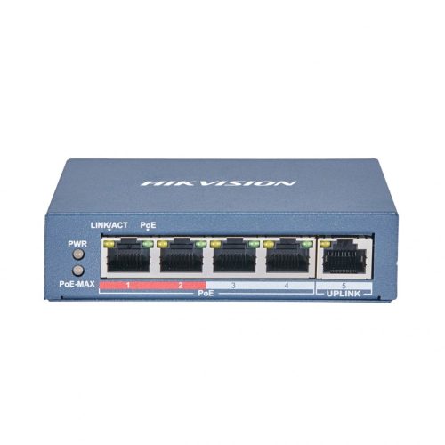 Hikvision PoE switch DS-3E0105P-E(B), beltéri, asztali, 802.3af/at, AI Extend mód, nem menedzselhető, PoE port 4, 10/100