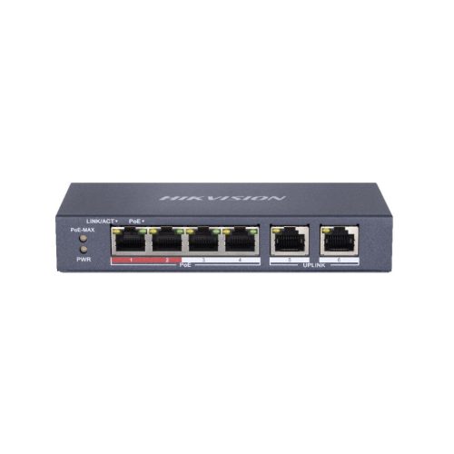 Hikvision PoE switch DS-3E0106P-E/M, beltéri, asztali, 802.3af/at, AI Extend mód, nem menedzselhető, PoE port 4, 10/100 LAN port 6, Uplink port 2