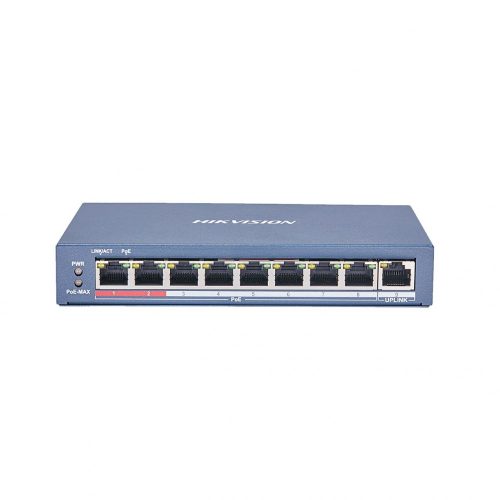 Hikvision PoE switch DS-3E0109P-E(C), beltéri, asztali, 802.3af/at, AI Extend mód, nem menedzselhető, PoE port 8, 10/100