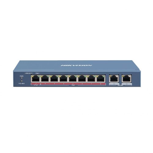 Hikvision PoE switch DS-3E0310HP-E, beltéri, asztali, 802.3af/at/bt, AI Extend mód, nem menedzselhető, PoE port 8, 10/10