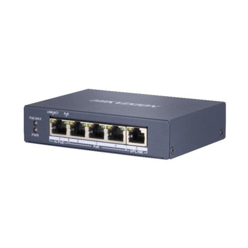 Hikvision PoE switch DS-3E0505HP-E, beltéri, asztali, 802.3af/at/bt, nem menedzselhető, PoE port 4, Gigabit LAN port 5,