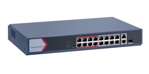 Hikvision DS-3E1318P-EI/M PoE switch, beltéri, 19” rackbe szerelhető, 802.3af/at, AI Extend mód, Smart menedzsment, PoE port 16, 10/100 LAN port 16, Gigabit LAN port 2, Uplink port 2, SFP port 1