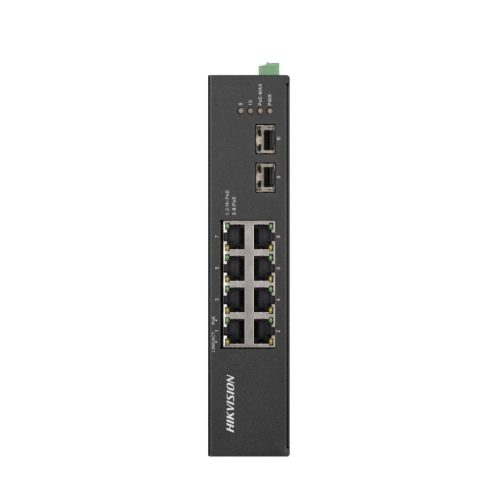 Hikvision PoE switch DS-3T0510HP-E/HS, kültéri - szerelő dobozban, DIN sínre szerelhető, 802.3af/at/bt, AI VLAN mód,AI Extend mód,AI PoE mód, nem menedzselhető, PoE port 8, Gigabit LAN port 8, Uplink port 2, SFP port 2