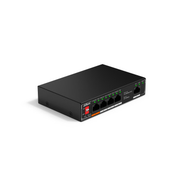 Dahua SF1005P PoE switch, beltéri, asztali, 802.3af/at/ Hi-PoE 60 W, AI Extend mód, AI PoE mód, nem menedzselhető, PoE port 5, 10/100 LAN port 6, Uplink port 1