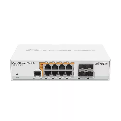 MikroTik Cloud Router PoE Switch CRS112-8P-4S-IN, beltéri, 19” rackbe szerelhető, 802.3af/at, Web menedzsment, Controller szoftver, PoE port 8, Gigabit LAN port 8, Uplink port 4, SFP port 4