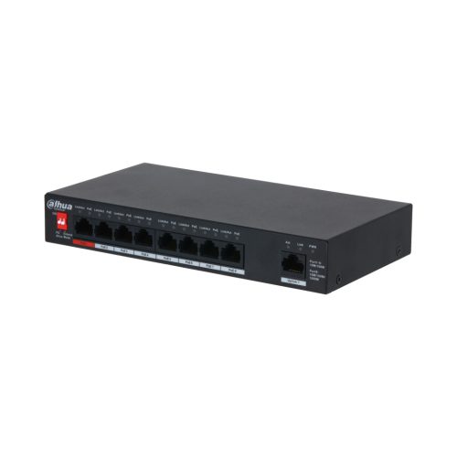 Dahua PFS3009-8ET1GT-96-V2 PoE switch, beltéri, asztali, 802.3af/at/bt, AI Extend mód,AI PoE mód, nem menedzselhető, PoE port 8, 10/100 LAN port 8, Gigabit LAN port 1, Uplink port 1