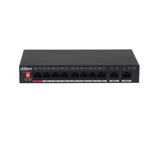 Dahua PFS3010-8ET-96-V2 PoE switch, beltéri, asztali, 802.3af/at/bt, AI Extend mód,AI PoE mód, nem menedzselhető, PoE port 8, 10/100 LAN port 8, Gigabit LAN port 2, Uplink port 2