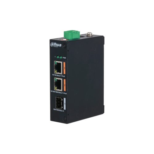 Dahua PFS3103-1GT1ET-60-V2 PoE switch, kültéri - szerelő dobozban, DIN sínre szerelhető, 802.3af/at/bt, AI Extend mód,AI PoE mód, nem menedzselhető, PoE port 2, Gigabit LAN port 2, Uplink port 1, SFP port 1