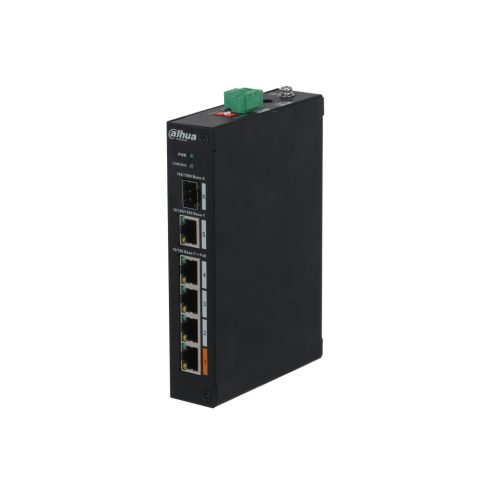 Dahua PFS3106-4ET-60-V2 PoE switch, kültéri - szerelő dobozban, DIN sínre szerelhető, 802.3af/at/bt, AI Extend mód,AI PoE mód, nem menedzselhető, PoE port 4, 10/100 LAN port 4, Gigabit LAN port 1, Uplink port 2, SFP port 1