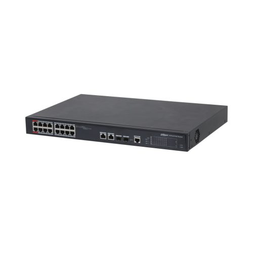 Dahua PFS4218-16ET-240-V3 PoE switch, beltéri, 19” rackbe szerelhető, 802.3af/at/bt, AI Extend mód,AI PoE mód, Layer 2, PoE port 16, 10/100 LAN port 16, Uplink port 2, SFP port 2