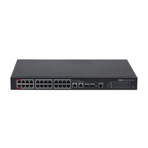 Dahua PFS4226-24ET-360-V3 PoE switch, beltéri, 19” rackbe szerelhető, 802.3af/at/bt, AI Extend mód,AI PoE mód, Layer 2, PoE port 24, 10/100 LAN port 24, Gigabit LAN port 2, Uplink port 2, SFP port 2