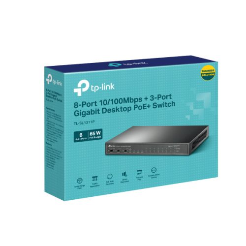 TP-Link TL-SL1311P PoE+ Switch, beltéri, asztali, 802.3af/at, Extend Mód,  Isolation Mód, PoE Auto Recovery, Mac-címek a