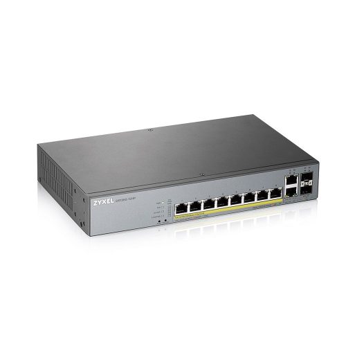 Zyxel GS1350-12HP CCTV PoE switch, beltéri, 19” rackbe szerelhető, 802.3af/at, Smart menedzsment, PoE port 8, Gigabit LAN port 10, Uplink port 4, SFP port 2