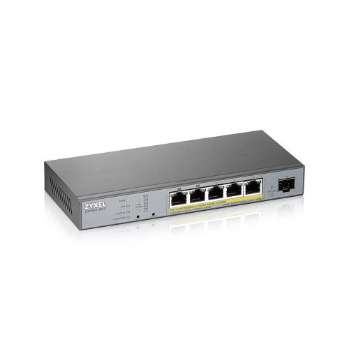 Zyxel GS1350-6HP CCTV PoE switch, beltéri, asztali, 802.3af/at/bt, Smart menedzsment, PoE port 5, Gigabit LAN port 5, Uplink port 1, SFP port 1