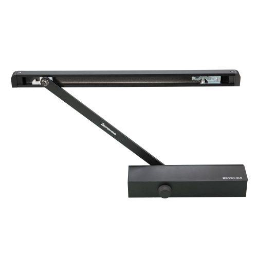 Dorrenhaus univerzális csúszósínes ajtóbehúzó kiakasztható sínnel. EN3 erősségű, max. 950 mm ajtószélességig és 40-65kg ajtósúlyig, 180°nyitási szög