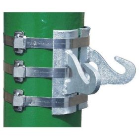   Metz átfeszítő horog, köroszlopra, tűzihorganyzott acél, 1 – 2 – 3 szalaggal is rögzíthető.