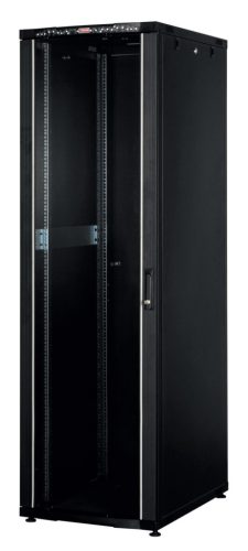 Lande CK 600 x 600 16U álló rackszekrény, beépített digitális hőmérő, elöl üveg ajtó, oldalanként egypontos reteszelésű mechanikus zár, állítható talpak, 600 kg teherbírás, fekete, 600 x 600 x 824 mm