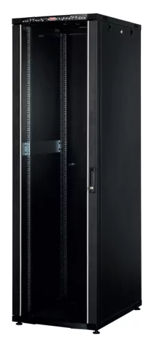 Lande CK 800 x 800 42U álló rackszekrény, beépített digitális hőmérő, elöl üveg ajtó, oldalanként egypontos reteszelésű mechanikus zár, állítható talpak, 600 kg teherbírás, fekete, 800 x 800 x 1980 mm