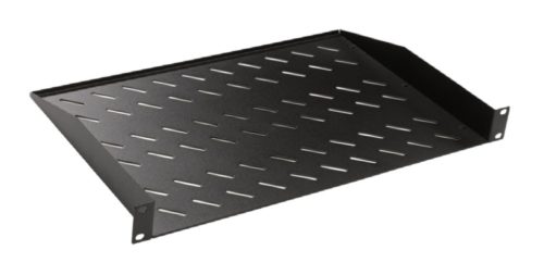Lande Polc rackszekrényhez, 300 mm mély, 2 ponton rögzíthető, fix, univerzális, teherbírás 30 kg, fekete, 486 x 300 x 44 mm