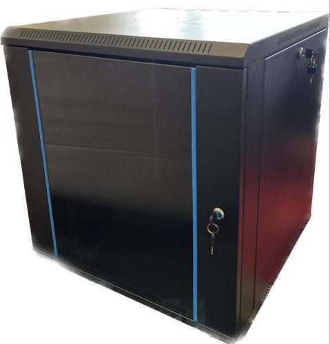 TechSon 600 × 600 mély 12U magas, fali rackszekrény, üveg ajtó, fekete, rackszekrény, beltéri, külső méret 600 x 600 x 650 mm