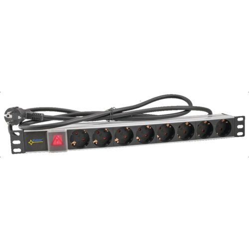 Pulsar RALZ/F elosztósáv, rack szekrényekbe építhető, 230 V AC betáplálású, 19''-os, 8 aljzattal, kapcsolóval, 1,73 m szerelt kábellel, rackszekrény kiegészítő, beltéri