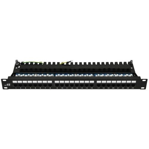 Patch panel, 24 port, CAT5e, kábeltartóval, rackszekrény kiegészítő, beltéri