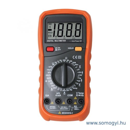digitális multiméter, max 10 A, max 1000 V, plusz hőmérő szonda, 9 V-os elem