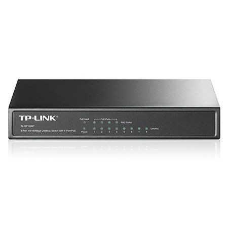 TP-Link switch TL-SF1008P 4 LAN + 4 PoE port, beltéri, asztali, 802.3af, nem menedzselhető, PoE port 4, 10/100 LAN port