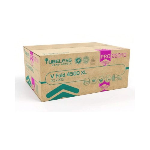 Tubeless V Hajtogatott kéztörlő 2 rétegű, fehér, 100% cellulóz, 25x21cm, 20x225 lap, 4500 lap/karton