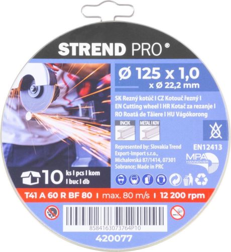 Strend Pro INOX fémvágó korong 125 x 1,0 x 22,2, 10 db-os készlet, fém dobozban