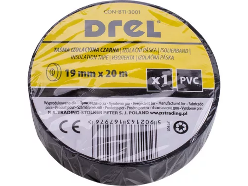 Drel szigetelő szalag fekete, 0,18 x 19 mm, 20 m