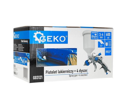 GEKO festékszóró pisztoly HVLP, 600 ml tartállyal + 4db fúvóka