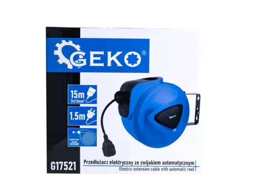 GEKO elektromos hosszabbító, autómata orsóval és fali rögzítéssel, 15 m - es
