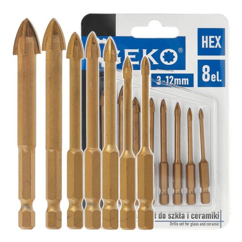 GEKO üveg és kerámiafúró készlet, 8 db - os, HEX 3 - 12 mm