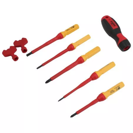 Satra VDE szigetelt csavarhúzó készlet, cserélhető fejekkel, két kulccsal elektromos dobozokhoz nyitásához, 7 db - os