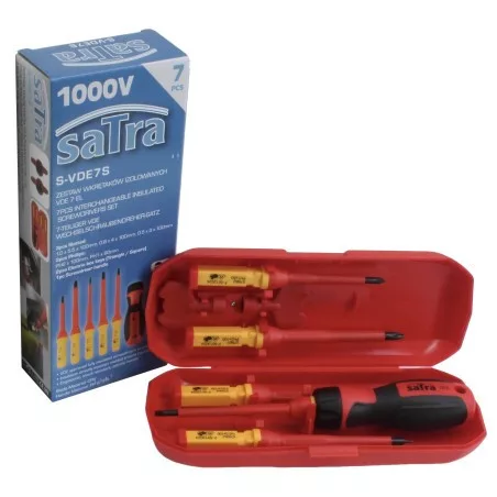 Satra VDE szigetelt csavarhúzó készlet, cserélhető fejekkel, két kulccsal elektromos dobozokhoz nyitásához, 7 db - os