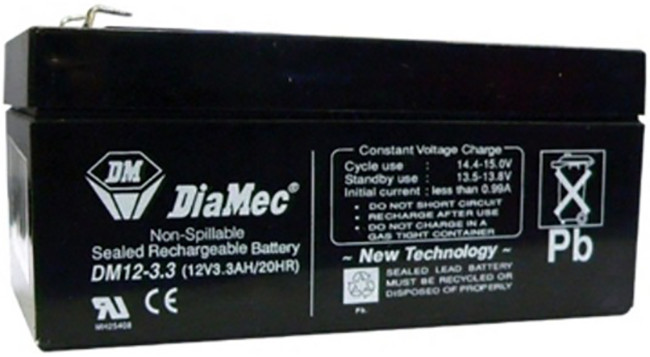 DIAMEC 12V 3,3Ah 12V, 3.3Ah, zselés, ólom akkumulátor, gondozásmentes, 134x66x67mm, 1.3kg.